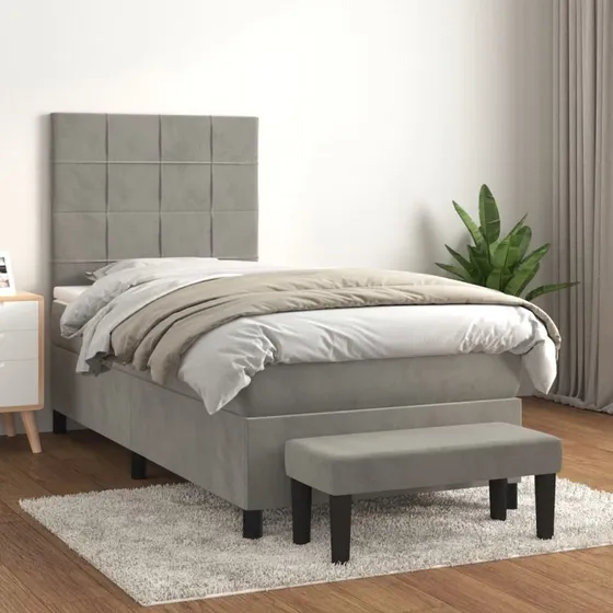 Kontinentalseng 90x200 cm i lysegrå fløjl med pocketmadras
