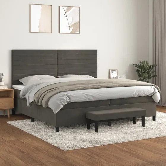 Kontinentalseng 200x200 cm i mørkegrå fløjl med pocketmadras