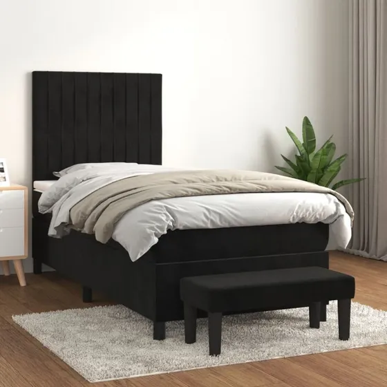 Kontinentalseng 100x200 cm fløjl – inkl. pocketmadras, sort