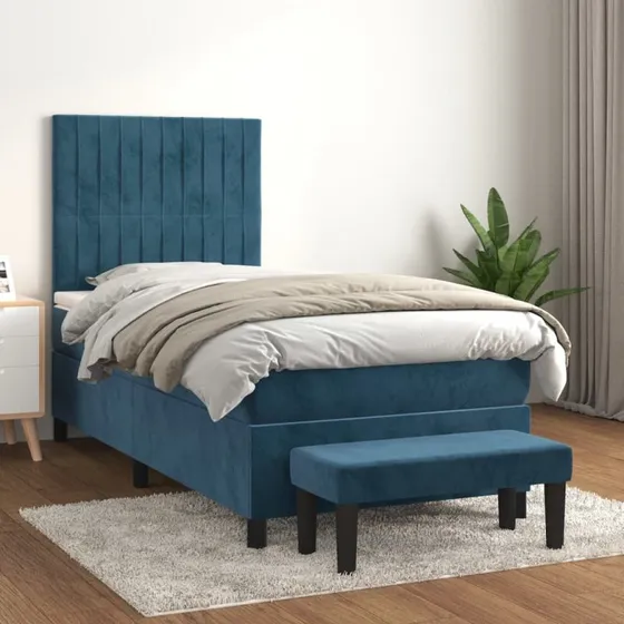 Kontinentalseng 100x200 cm i mørkeblå fløjl med pocketmadras