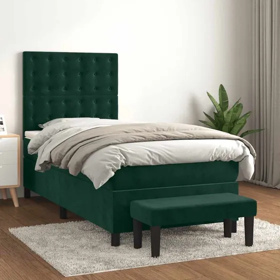 Kontinentalseng 90x200 cm i mørkegrøn fløjl med pocketmadras