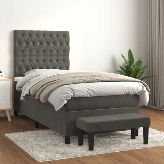 Kontinentalseng 90x200 cm i mørkegrå fløjl med madras
