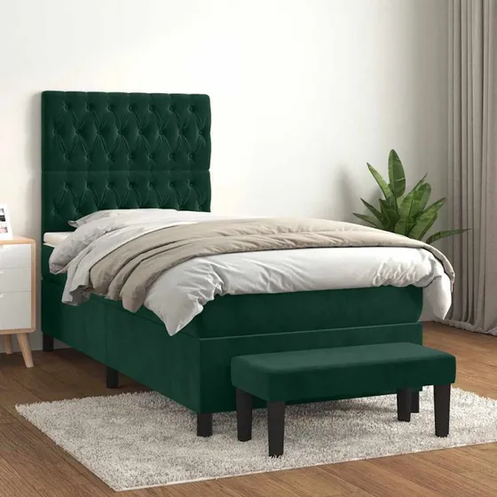 Kontinentalseng 100x200 cm i mørkegrøn fløjl med madras