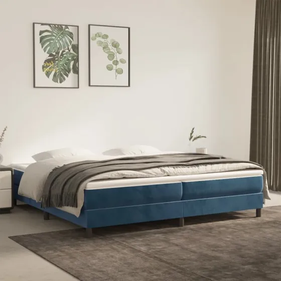 Kontinentalseng 200x200 cm mørkeblå fløjl med pocketmadras
