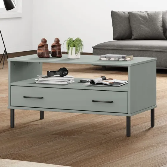 OSLO sofabord 85x50x45 cm – massivt fyrretræ, grå metalben