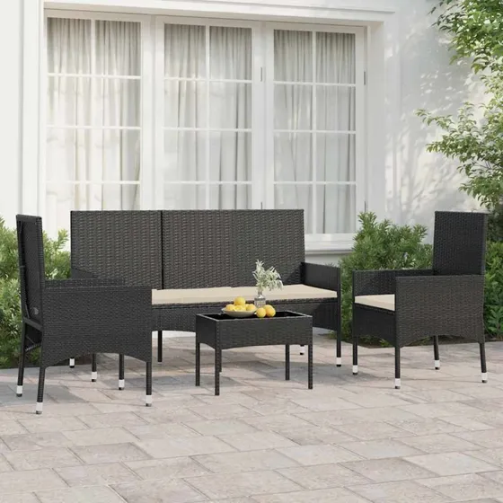 Loungesæt til haven 4 dele i sort polyrattan
