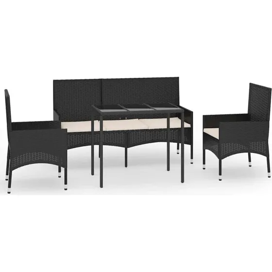 Loungesæt i polyrattan 4 dele med hynder – sort
