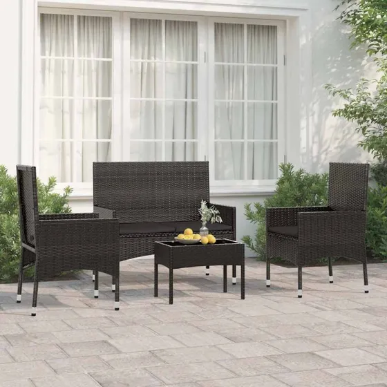 Loungesæt i sort polyrattan, 4 dele med hynder
