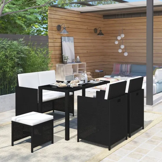 Udendørs spisebordssæt 6 dele i sort polyrattan