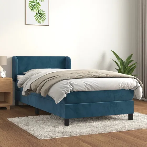 Kontinentalseng 100x200 cm i mørkeblå fløjl med pocketmadras