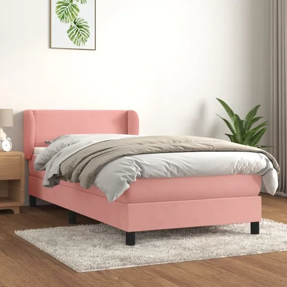 Kontinentalseng 100x200 cm i lyserød fløjl med madras