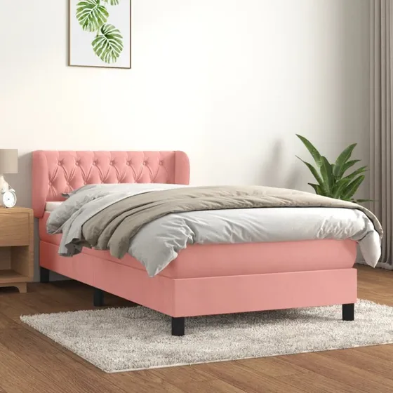 Kontinentalseng 90x200 cm i lyserød fløjl med madras