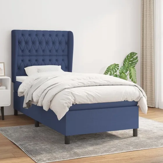 Kontinentalseng 90x200 cm i blåt stof med pocketmadras