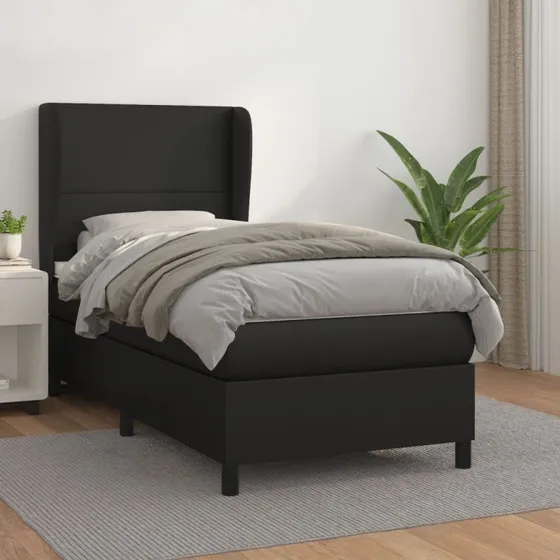 Kontinentalseng 90x190 cm i sort kunstlæder med madras