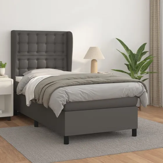 Kontinentalseng 100x200 cm i gråt kunstlæder med madras