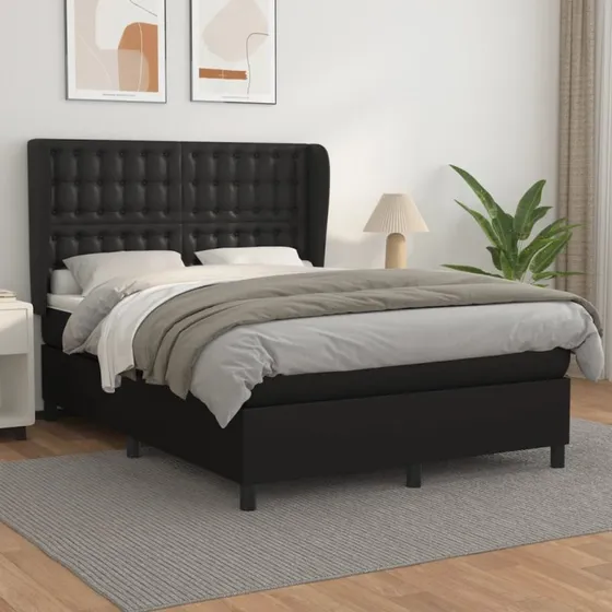 Kontinentalseng 140x190 cm med madras - sort kunstlæder