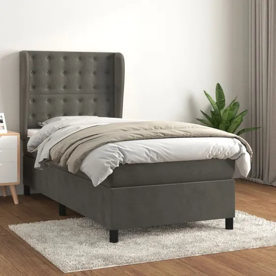 Kontinentalseng 90x190 cm med pocketmadras i mørkegrå fløjl