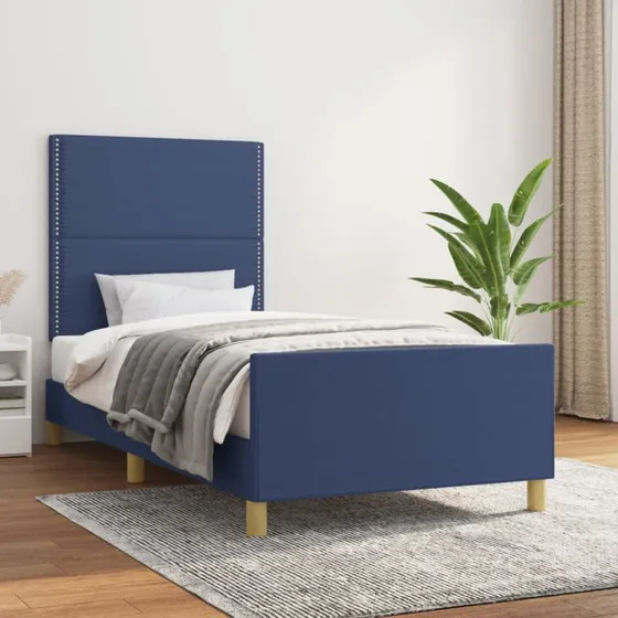 Sengeramme 90x190 cm i blåt stof med regulerbar gavl