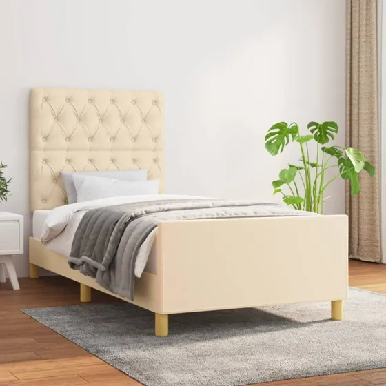 Sengeramme 80x200 cm i creme stof – justerbar sengegavl