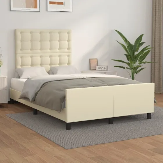 Sengeramme 120x200 cm i creme kunstlæder med sengegavl