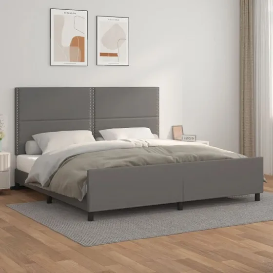 Sengeramme 200x200 cm med sengegavl i grå kunstlæder