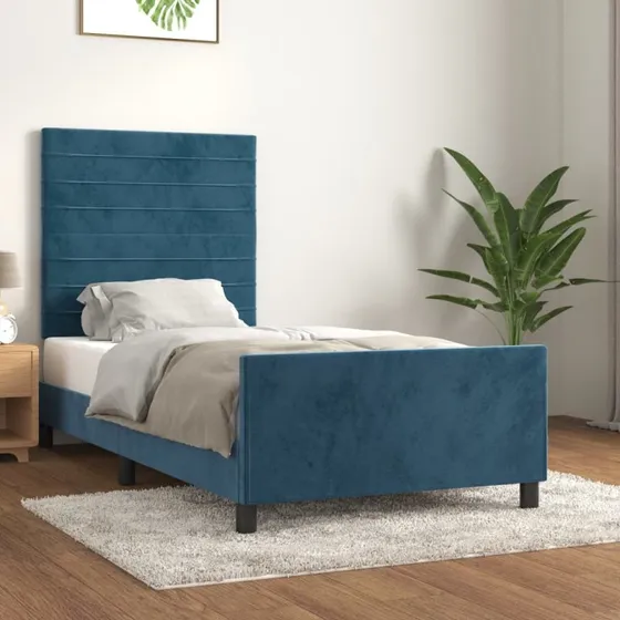 Sengeramme 90x200 cm i mørkeblå fløjl med sengegavl