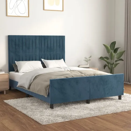 Sengeramme i mørkeblå fløjl 140x190 cm – uden madras