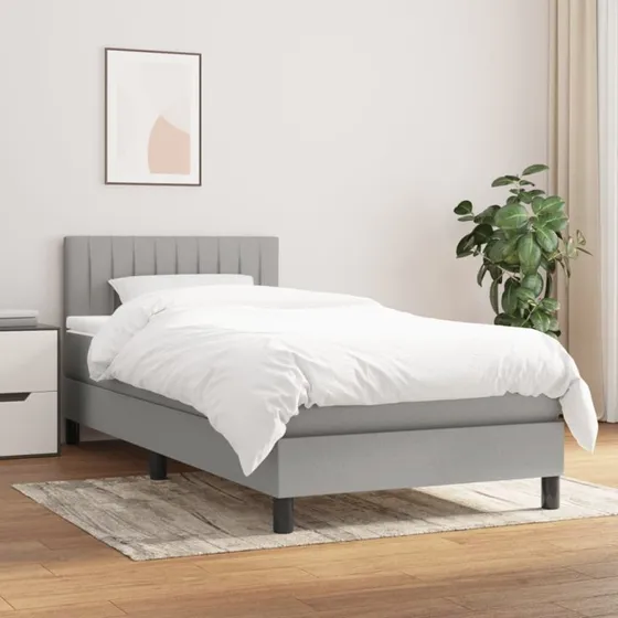 Kontinentalseng 90x200 cm i lysegråt stof med pocketmadras