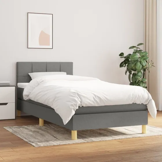 Kontinentalseng 90x200 cm i mørkegråt stof med pocketmadras
