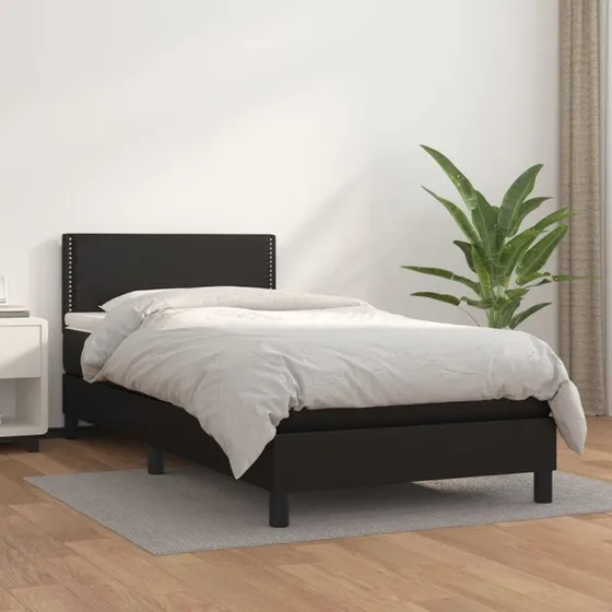 Kontinentalseng 90x190 cm i sort kunstlæder med madras