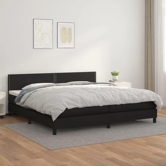 Kontinentalseng 200x200 cm i sort kunstlæder med madras