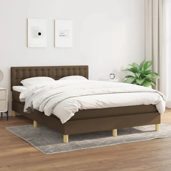 Kontinentalseng 140x200 cm i mørkebrun stof med pocketmadras
