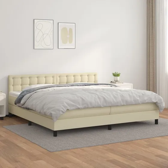 Kontinentalseng 200x200 cm med creme kunstlæder og madras
