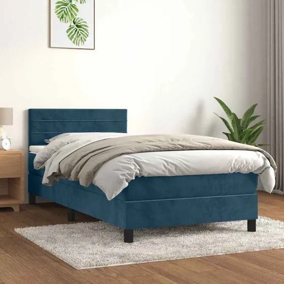 Kontinentalseng 80x200 cm i mørkeblå fløjl med pocketmadras