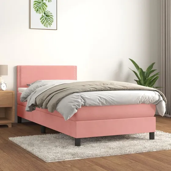 Kontinentalseng 100x200 cm i fløjl – lyserød med madras
