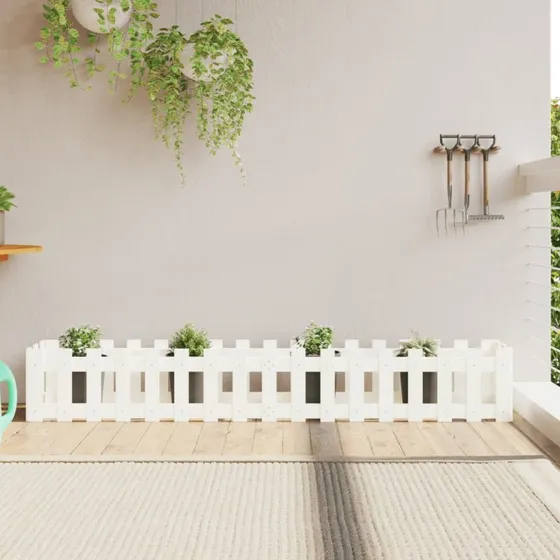 Højbed i massivt fyrretræ 200x30x30 cm – hvidt stakit