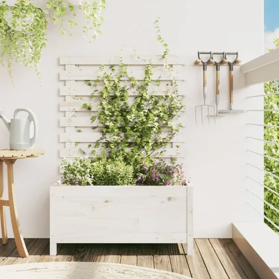 Plantekasse med stativ i massivt fyrretræ 79×39,5×114 cm - Hvid