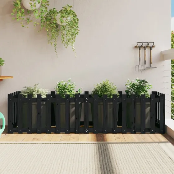 Højbed i massivt fyrretræ 200x50x50 cm – sort stakitdesign