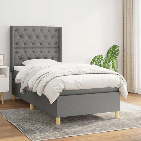 Kontinentalseng 80x200 cm i mørkegrå stof med pocketmadras