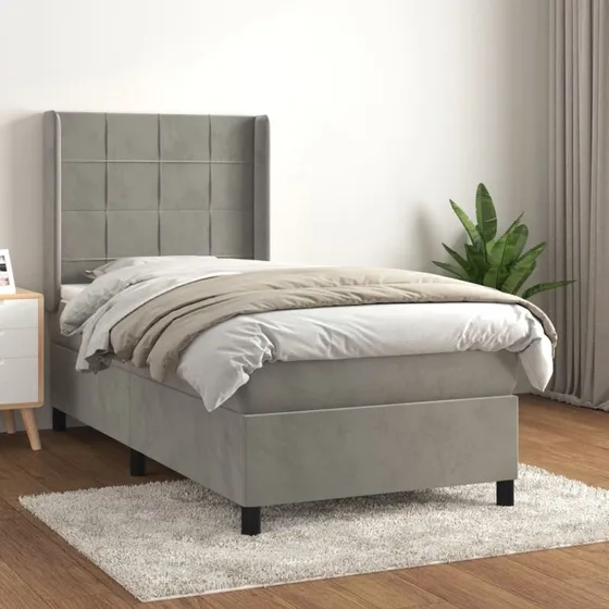 Kontinentalseng 90x200 cm med pocketmadras, fløjl lysegrå