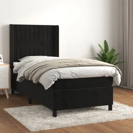 Kontinentalseng 90x200 cm i fløjl - sort, med pocketmadras