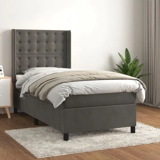 Kontinentalseng 90x200 cm fløjl mørkegrå - med madras