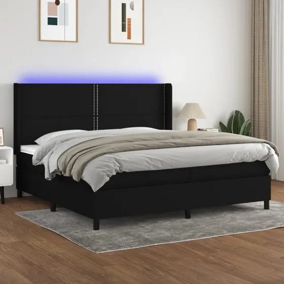 Kontinentalseng 200x200 cm med LED-lys – sort stof
