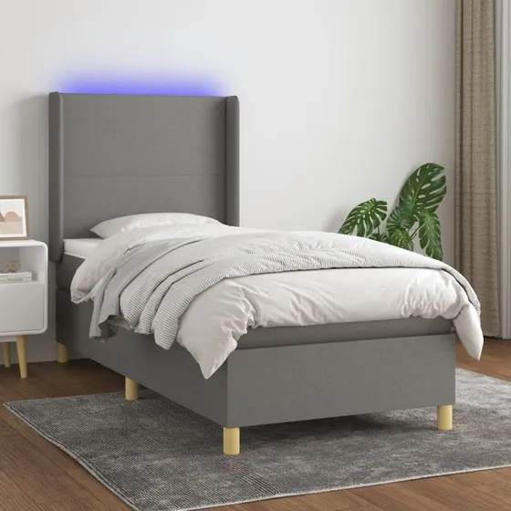 Kontinentalseng 100x200 cm med LED-lys – mørkegrå stof