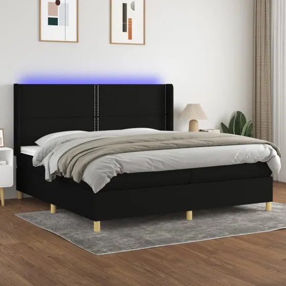Kontinentalseng 200x200 cm med LED-lys, sort stof
