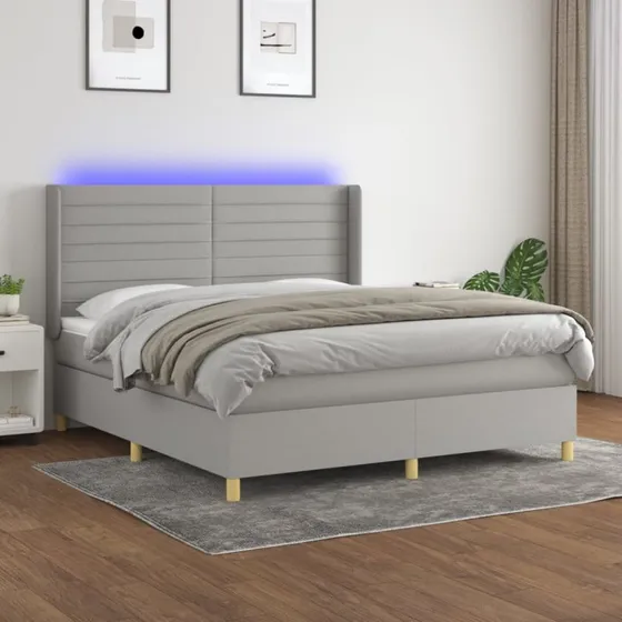 Kontinentalseng 180x200 cm i lysegråt stof med LED-lys