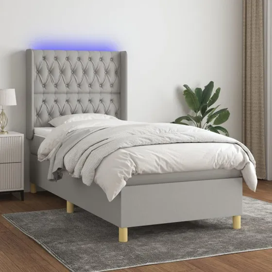 Kontinentalseng 80x200 cm i lysegråt stof med LED-lys