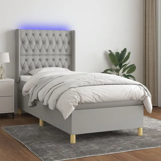 Kontinentalseng 100x200 cm i lysegråt stof med LED-lys