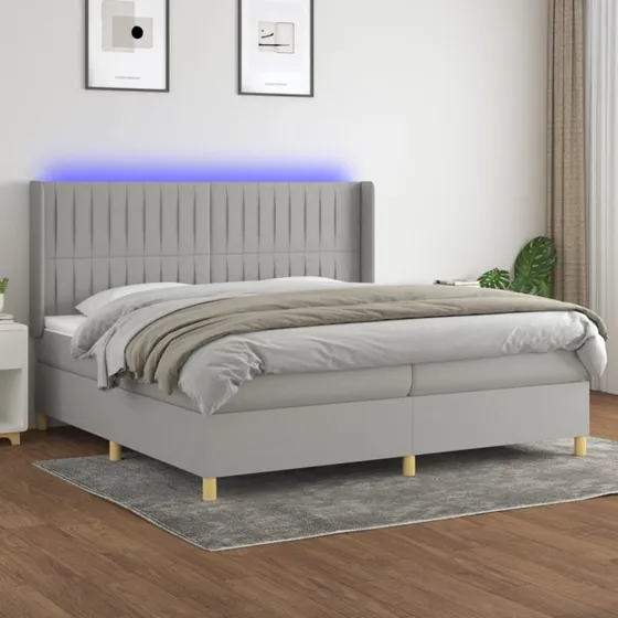 Kontinentalseng 200x200 med LED-lys – Lysegrå stof