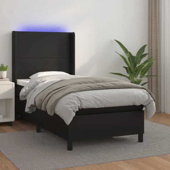 Kontinentalseng 80x200 cm i sort kunstlæder med LED
